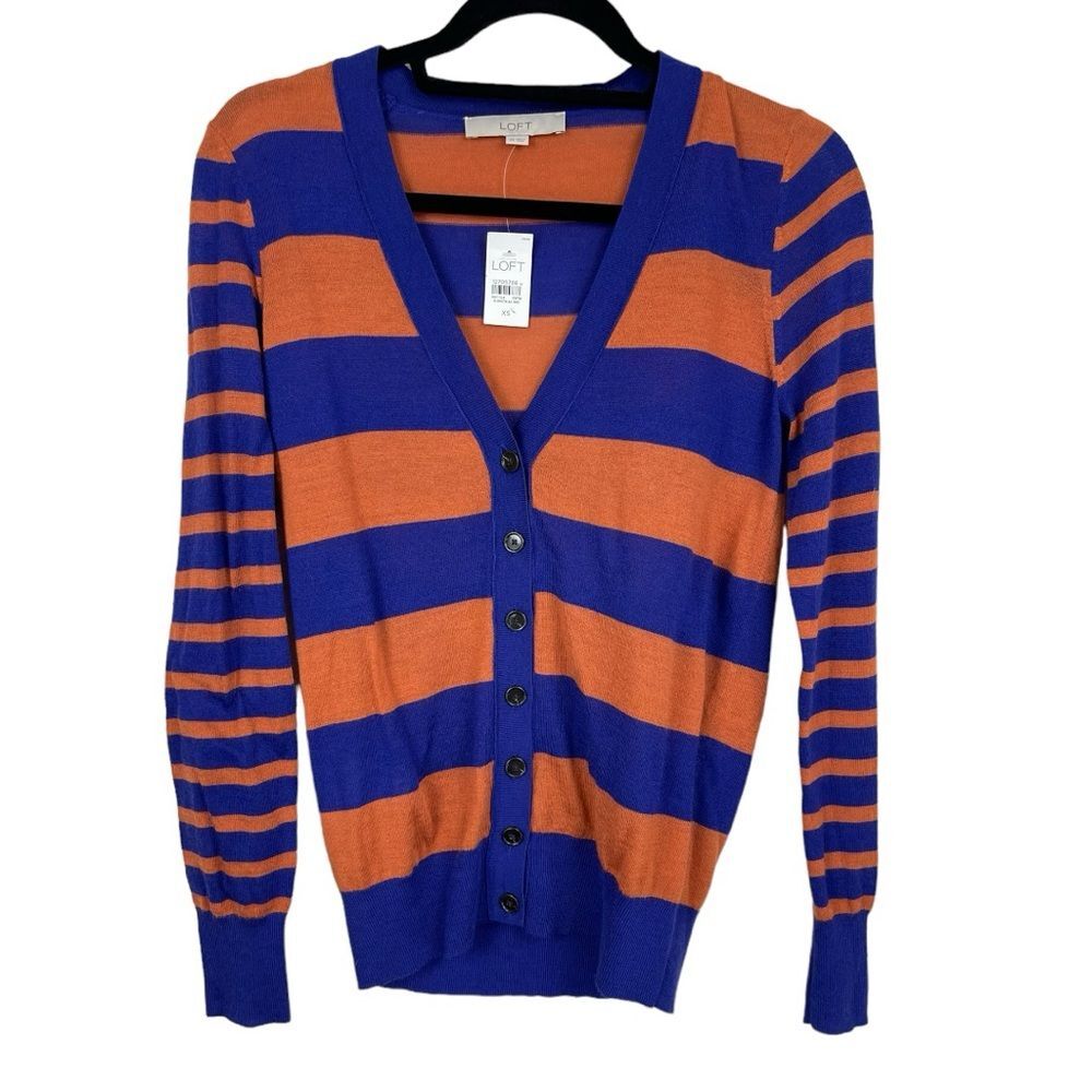 Loft Wool Blend Button up V-Neck Cardigan, Blue Orange Stripes size XS